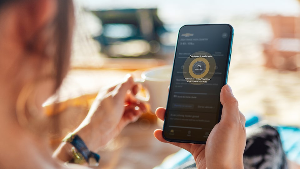 Personne utilisant une application mobile pour vérifier l’état du véhicule à distance.
