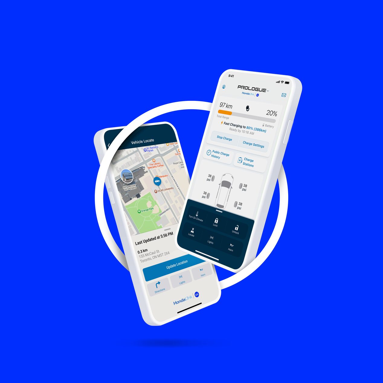 Two smartphones displaying the HondaLink mobile app