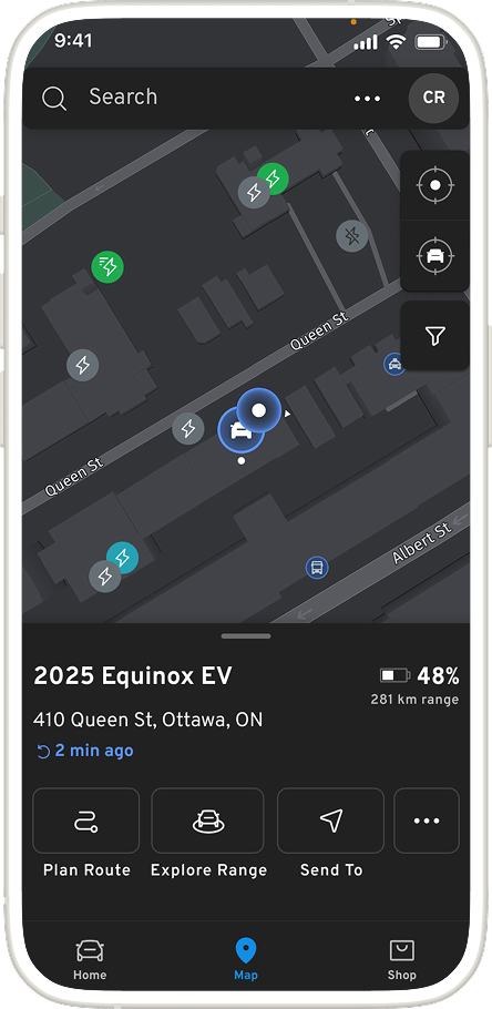 Fonction « Localiser mon véhicule » disponible sur l’appli mobile de véhicule OnStar.
