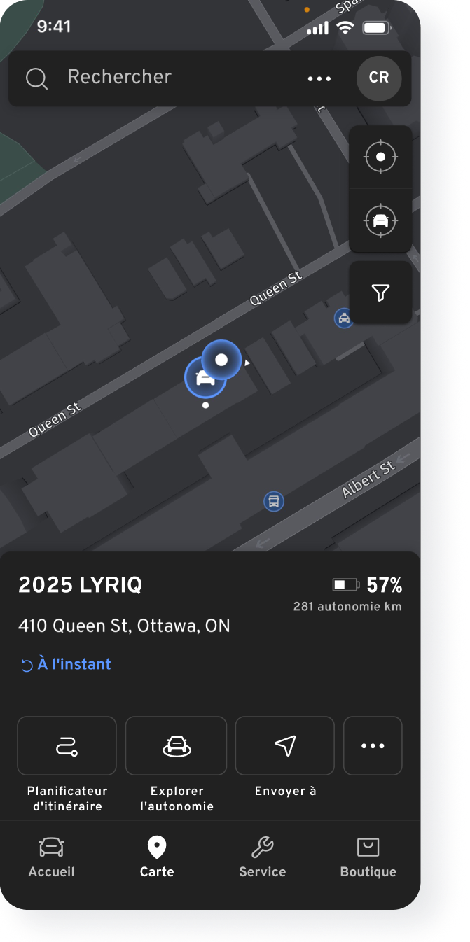 Fonction « Localiser mon véhicule » disponible sur l’appli mobile de véhicule OnStar.