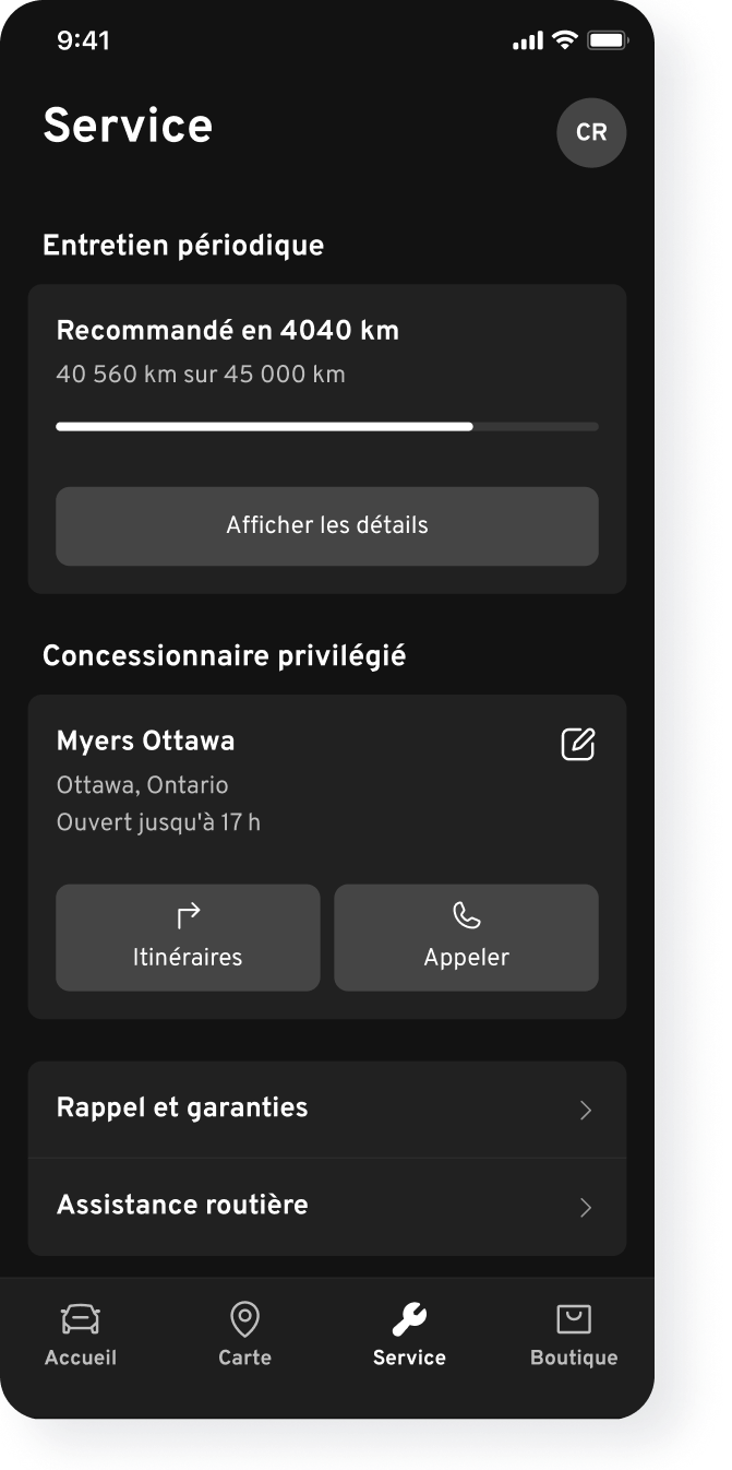 Fonction d’assistance routière disponible sur l’appli mobile de véhicule OnStar.