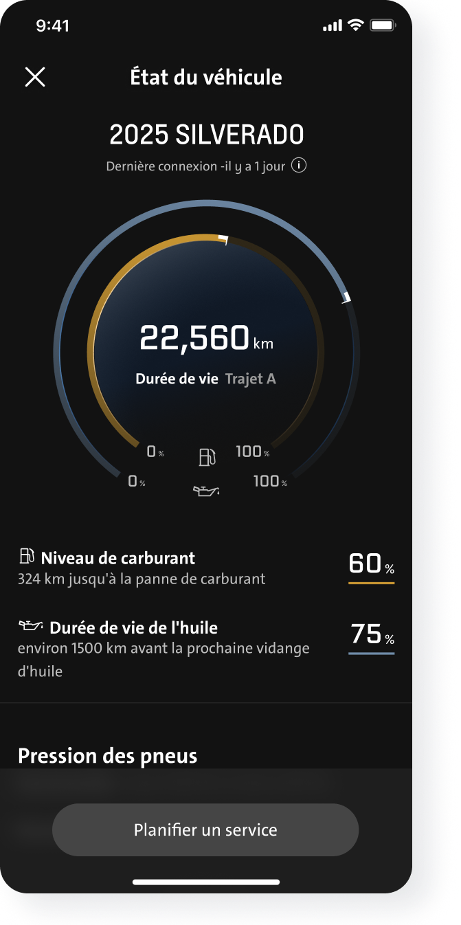 Fonction « État du véhicule » disponible sur l’appli mobile de véhicule OnStar.