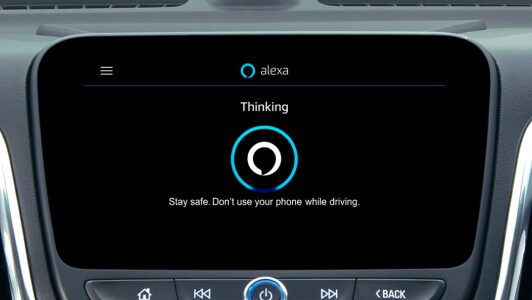 Amazon Alexa built-in being displayed in the infotainment screen of an OnStar-subscribed GM vehicle.
