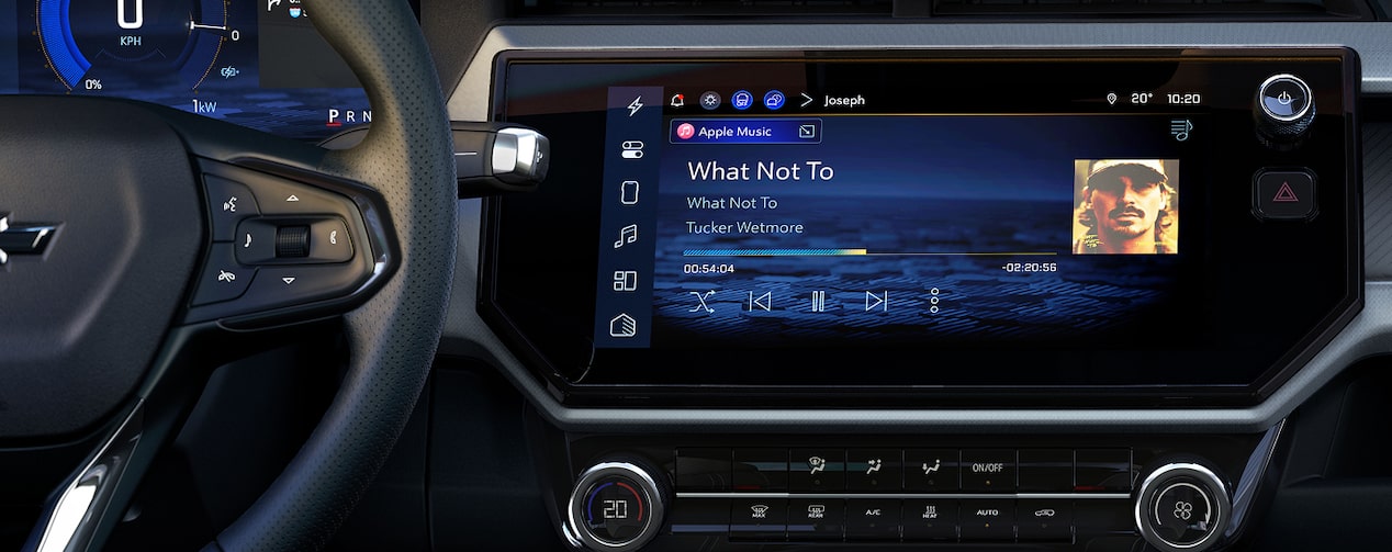 Close up-view of the infotainment screen playing Apple Music on an OnStar-subscribed vehicle.