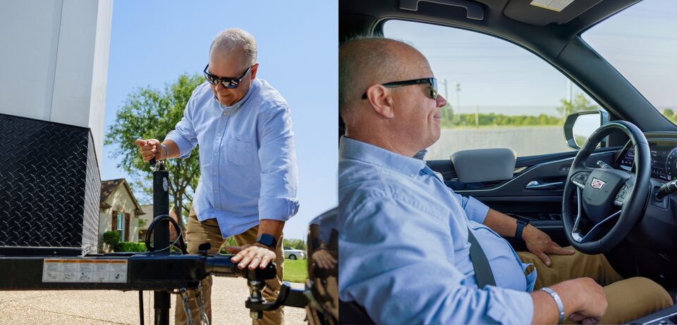 Side by side images of Eric using a circular saw and Eric in the driver's seat of his Cadillac.
