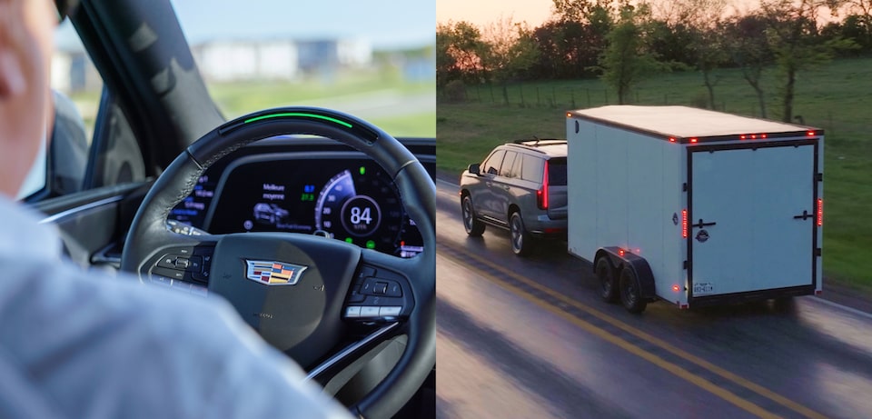 Side by side images of a rear seat view of Eric in the driver's seat and a Cadillac towing a trailer.