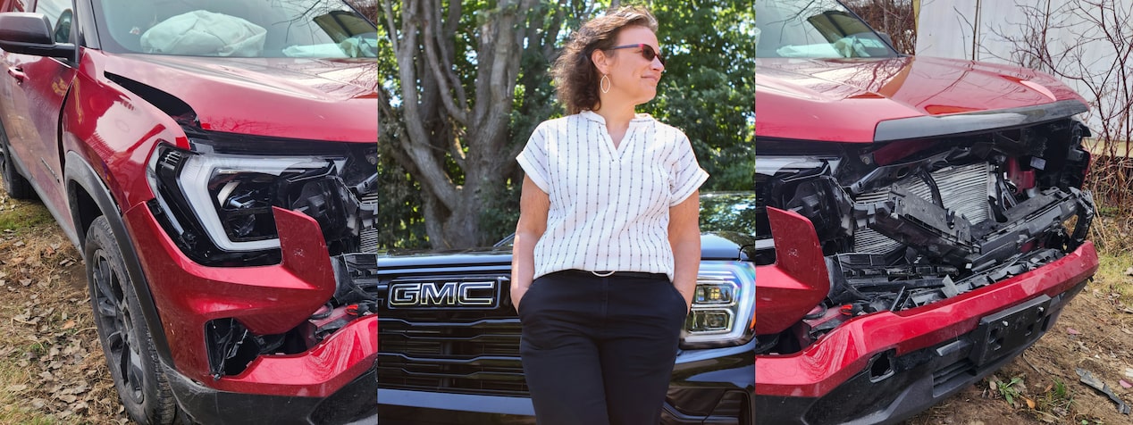 A panoramic view combines a damaged red GMC Terrain, Kristy K standing by her black GMC Terrain, and another view of the accident, illustrating OnStar Automatic Crash Response.