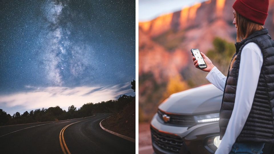 A starry sky under an open road and utilizing the smartphone for directions in front of a car.