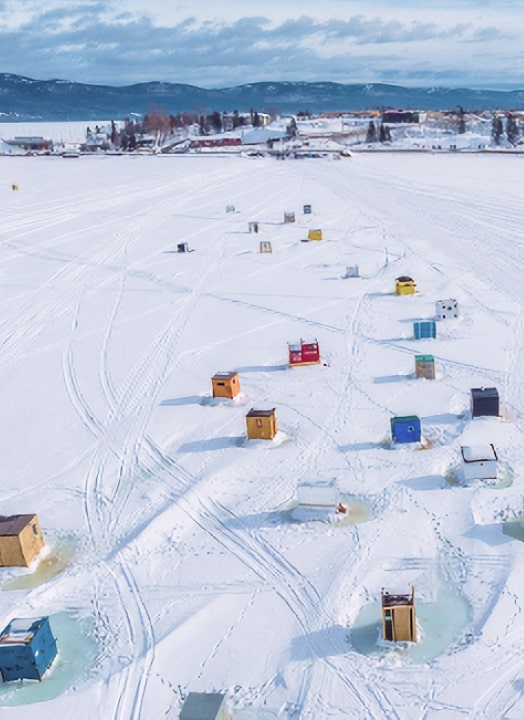 A multitude of ice shanties stationed in preparation for ice fishing.