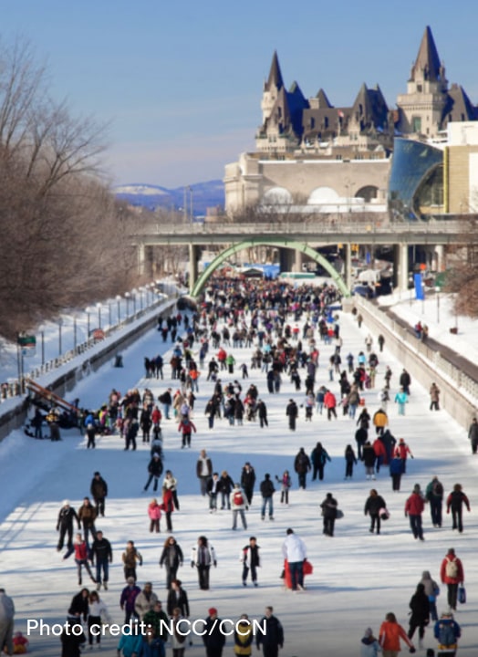 People ice skating at scenic spots in Canada during winter.