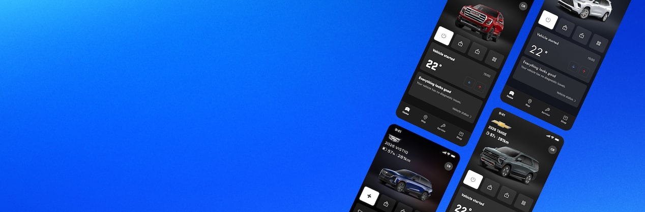 Four black smartphones displaying each of the GM Brands Mobile App.