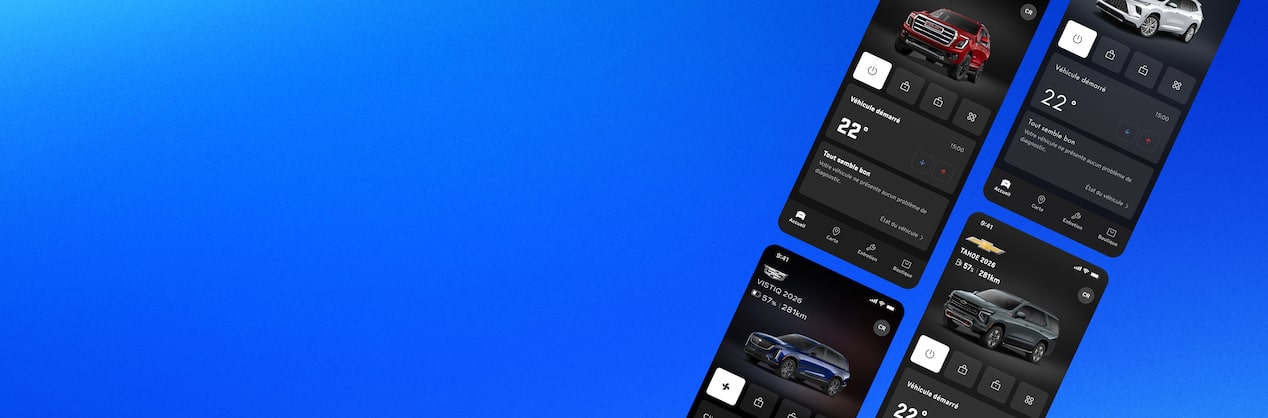 Quatre smartphones noirs affichant chacune des applications mobiles des marques GM.