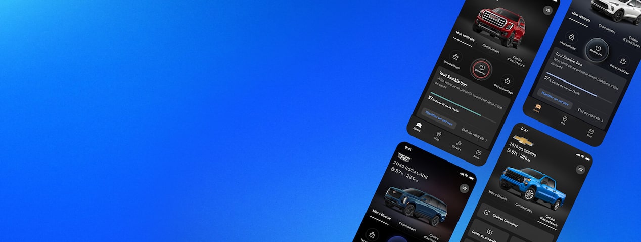 Quatre smartphones noirs affichant chacune des applications mobiles des marques GM.