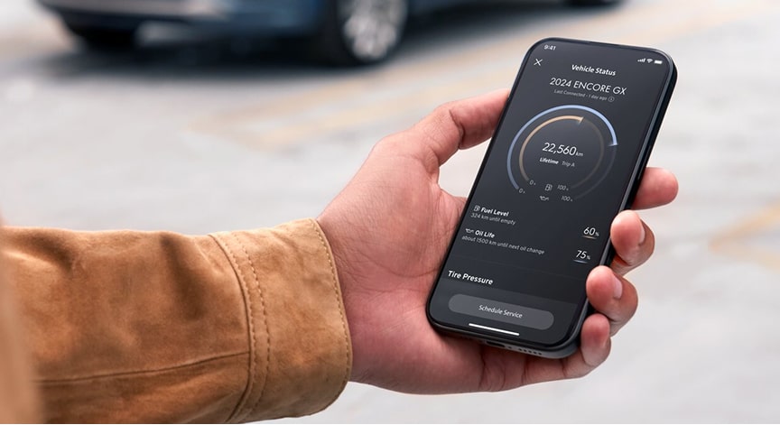 A vehicle mobile app displaying tire pressure, fuel level and vehicle status information.