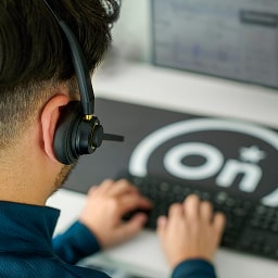 Backside view of an OnStar emergency advisor wearing a headset while typing on a computer screen.